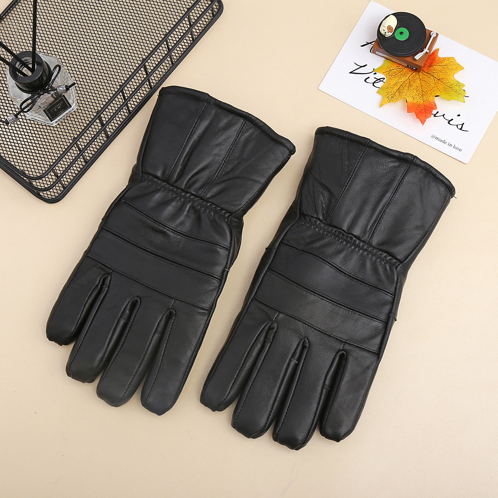 Thick genuine leather gloves for men in autumn and winter, outdoor skiing and cycling warm and windproof gloves, and genuine sheepskin spliced gloves details Picture