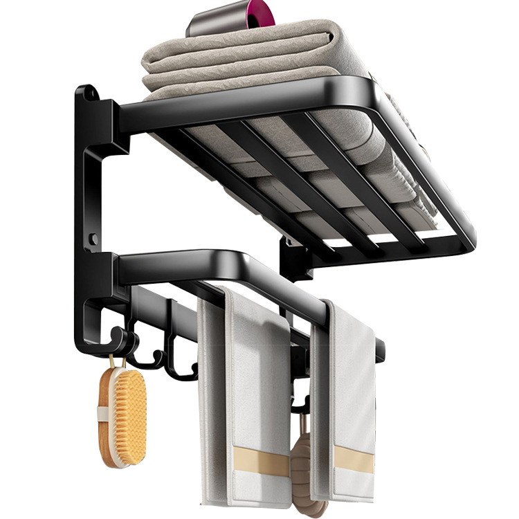 Gun gray folding bath towel rack, non-drilling bathroom storage rack, multi-functional bathroom toilet towel rack storage Item Picture