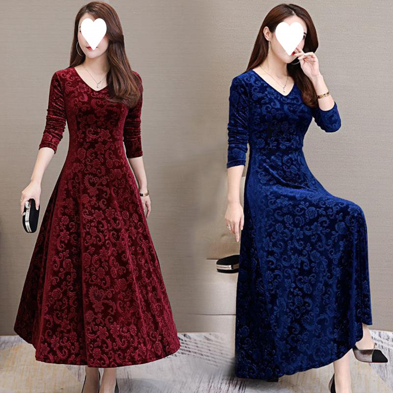 New Spring and Autumn 2024 Mom's slimming and form-fitting dress with a large swing, large-sized women's velvet long-sleeved dress, long style