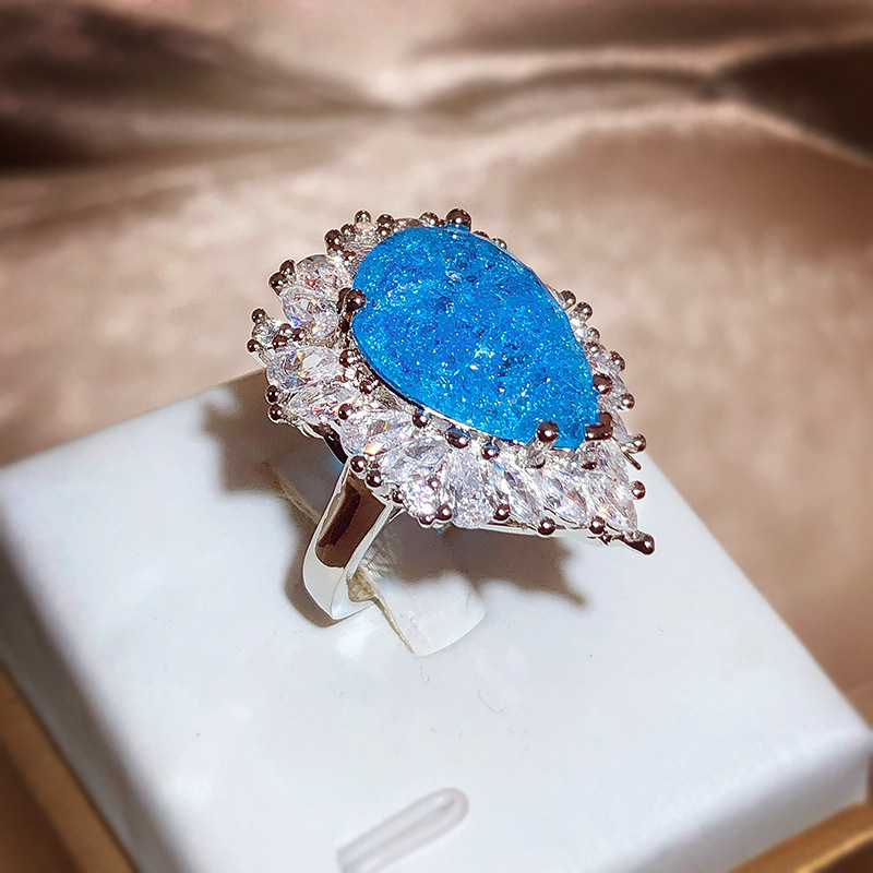 High-End Network Red Live Hot Selling New Simulation Sea Blue Topa Stone Full Diamond High-Grade Temperament Open Ring Female Specification drawing