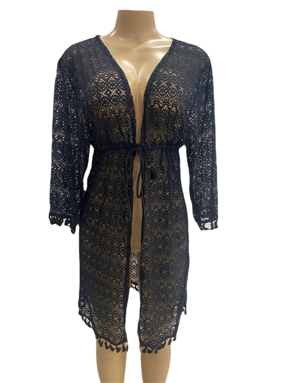 New Tassel Embroidery Lace Mesh Cardigan Black Shawl Sunblock Breathable Beach Cover-Up With Swimsuit Application Scenario