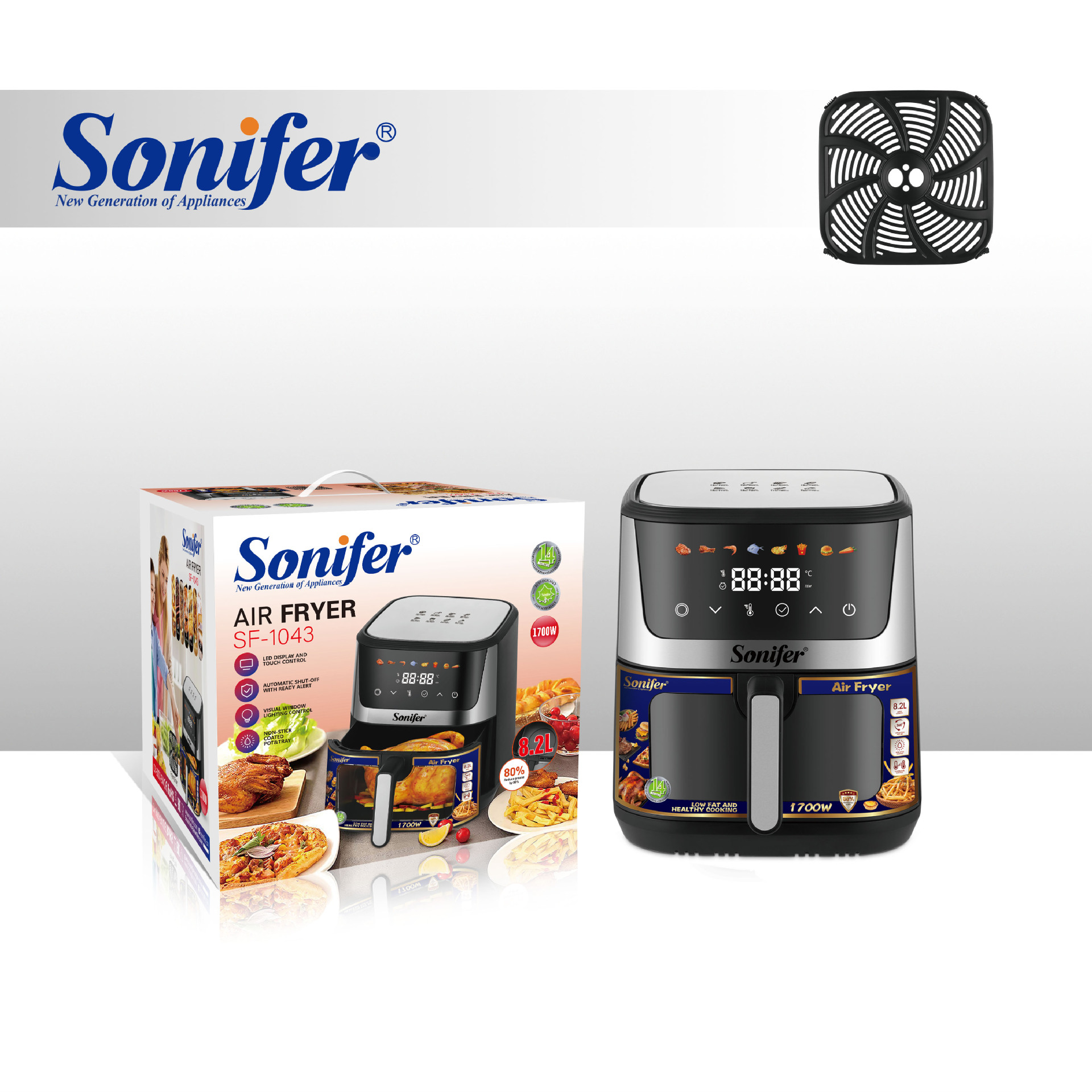 Sonifer 新款空气炸锅8.2L触屏式带可视窗户LED电烤箱 SF-1043