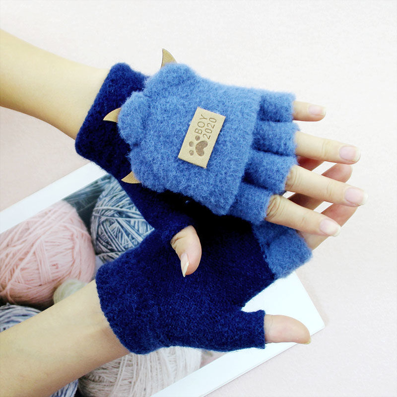 Children's gloves winter half finger clamshell cute boys and girls leaky fingers five fingers big children primary school writing children