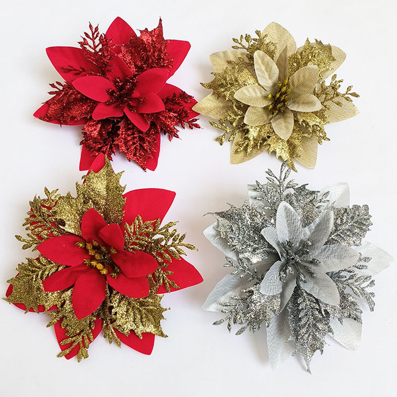 Christmas Gold Powder Christmas Flower 14Cm Sparkly Christmas Flower Wreath Christmas Circle Decorative Accessories Christmas Pendant Hanging Ornaments details Picture