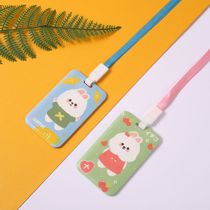 Cartoon rabbit student card holder, cute bear lanyard, sliding cover, bus card, keychain, ID card, wholesale work name tag Specification image