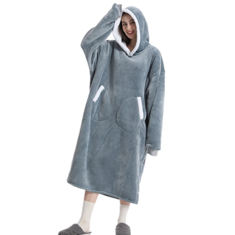 Pengmin Lazy bathrobe Coral fleece winter mid-length pullover hoodie style home wear coat thickened, can be worn outside to sleep Specification image