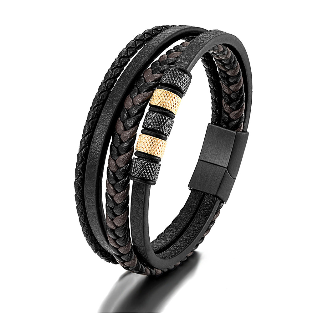 Cross-Border Foreign Trade Simple Stainless Steel Leather Rope Bracelet Europe And The United States Popular Multi-Layer Black Leather Woven Men's Bracelet Item Picture