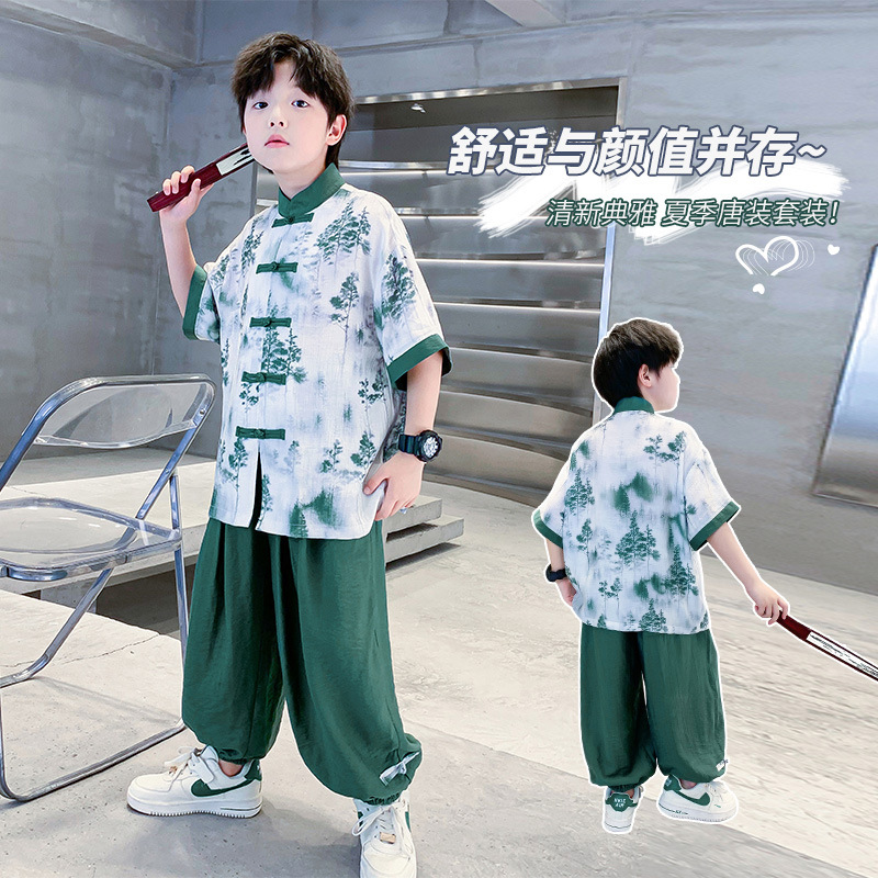 国潮男童夏季短袖汉服套装2025新款小学生儿童装古装中大童演出服唐装