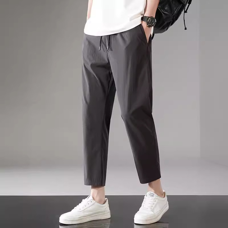Plus-size ice silk pants for men, summer casual sportswear, 9-inch pants, ice-like straight-leg men's pants, four-sided elastic air-conditioned quick-drying pants