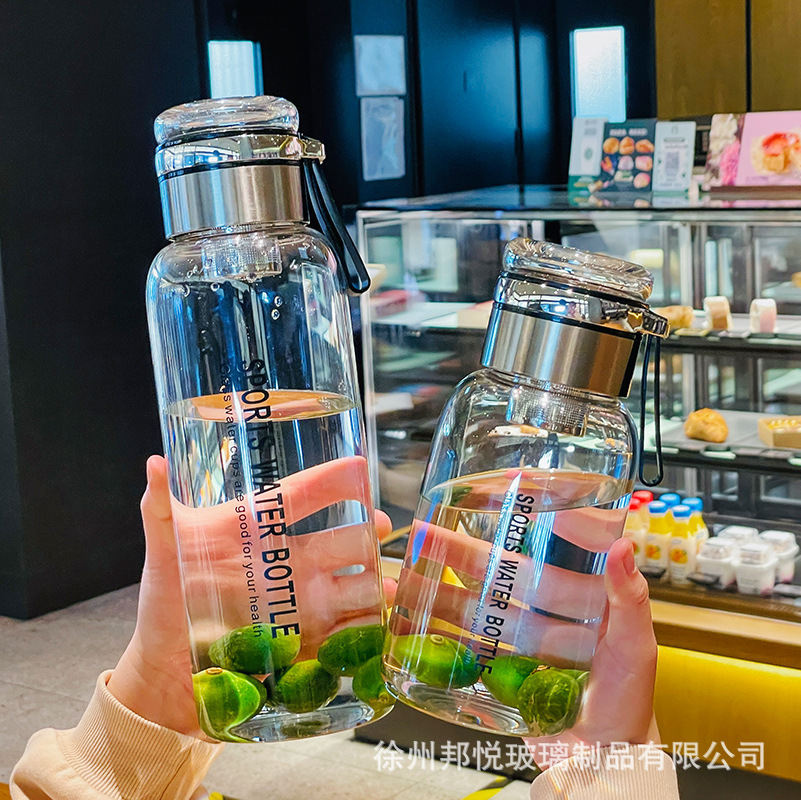 1000ml large-capacity outdoor portable water cup, transparent glass tea brewing cup, high-temperature resistant rope tea-water separation cup details Picture