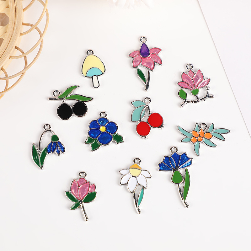 DIY alloy small accessories, jewelry materials, oil-dripping cherry, lotus, mushroom, homemade earrings, keychains, pendants details Picture