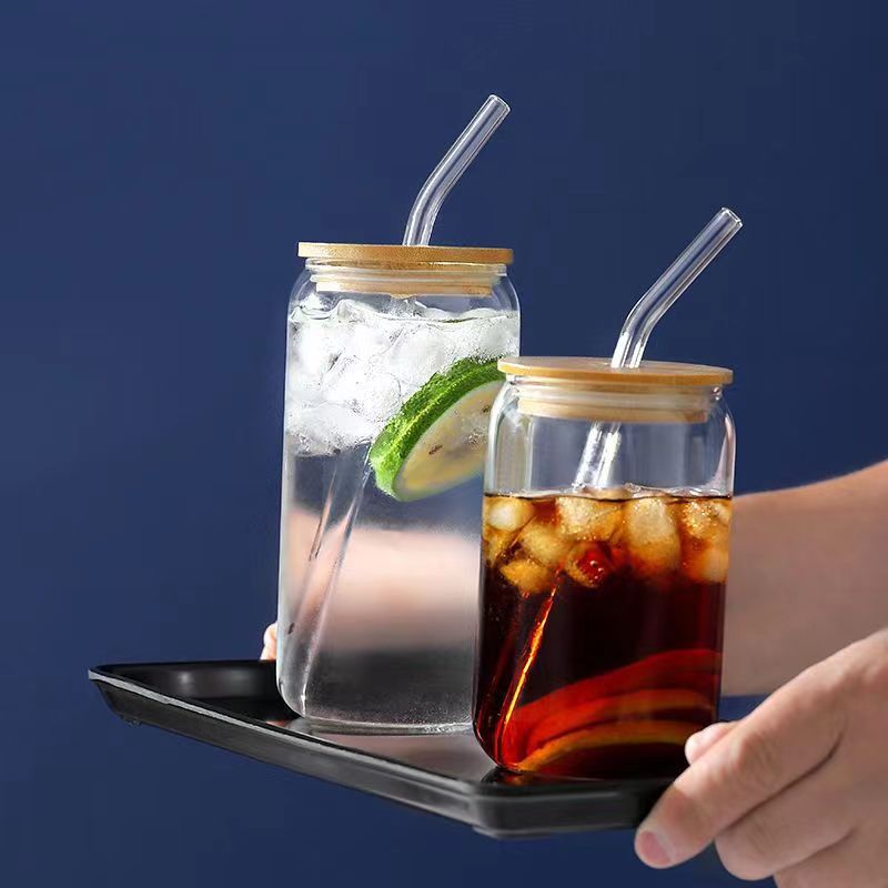 Amazon Cola Cup Cold Drink High Borosilicate Glass Can Cup With Bamboo And Wood Lid Glass Straw