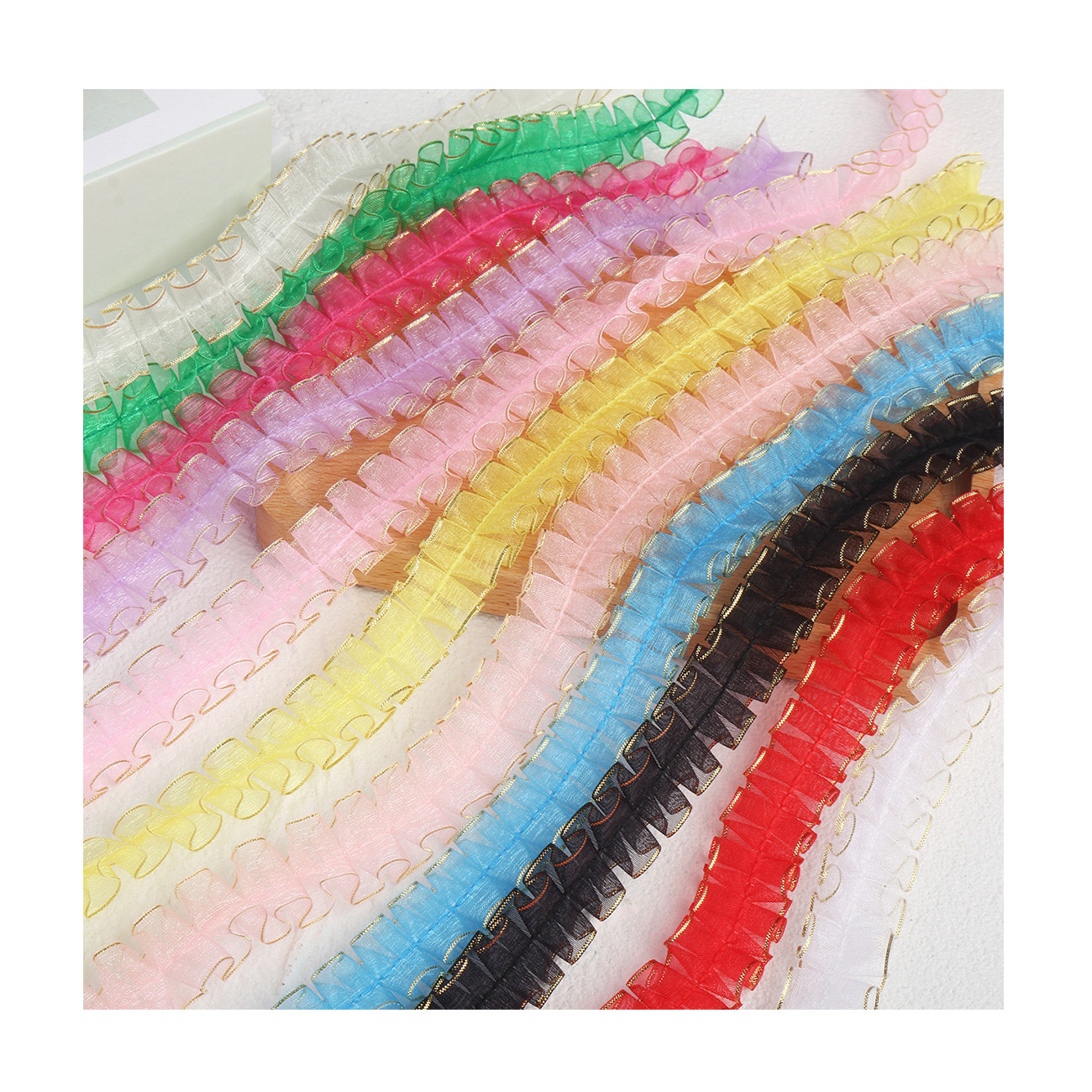 2cm double gold border snow gauze with center line pleated lotus leaf fish bone toy hair accessory, discounted lace Item Picture