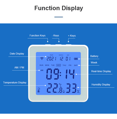 tuya Indoor Doodle Bluetooth Smart with backlit alarm temperature and humidity sensor Specification drawing