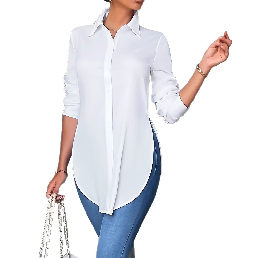 Cross-border European and American women's clothing - Spring and autumn solid color collared button long-sleeved shirts with split for commuting and going out Item Picture