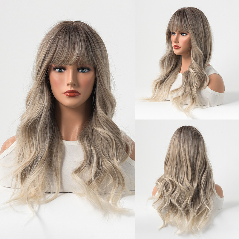 Amazon Cross-border new product: European and American wigs, Women's wigs, gradient gray, straight bangs, long curly hair, high-temperature silk full head set