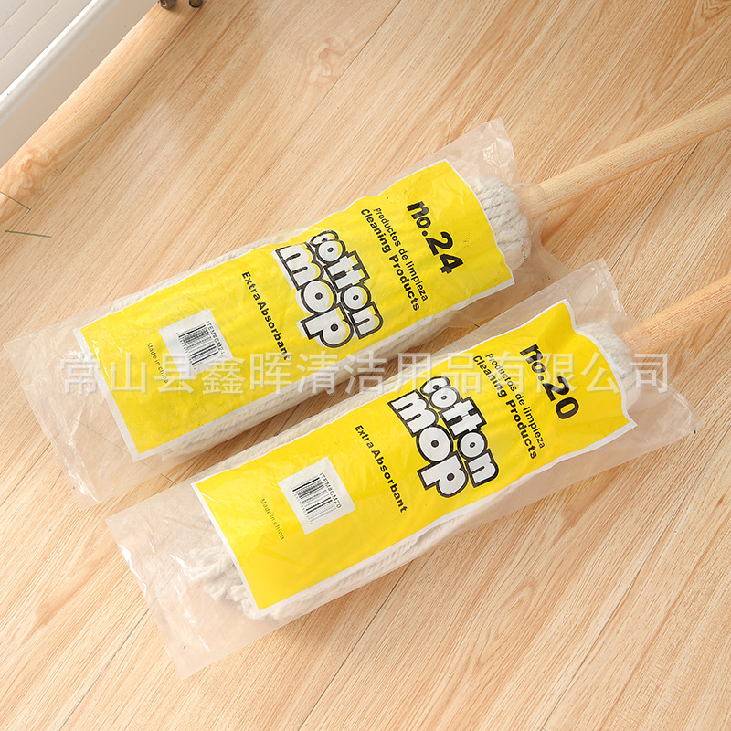 Cross-border simple solid-color cotton thread mop, retro old-fashioned wooden stick round head mop, household mop, cloth strip absorbent mop