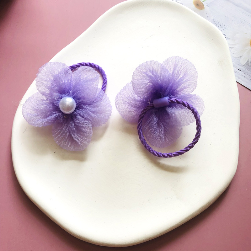 South Korea For Children's Hair Rope Organza Five-Petal Flower Hair Circle Girls Tie Headwear Does Not Hurt The Hair Red Cute Application Scenario