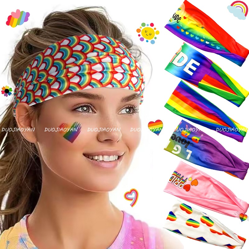 欧美时尚彩虹印花发带宽边运动交叉头巾瑜伽健身弹力跑步吸汗头带