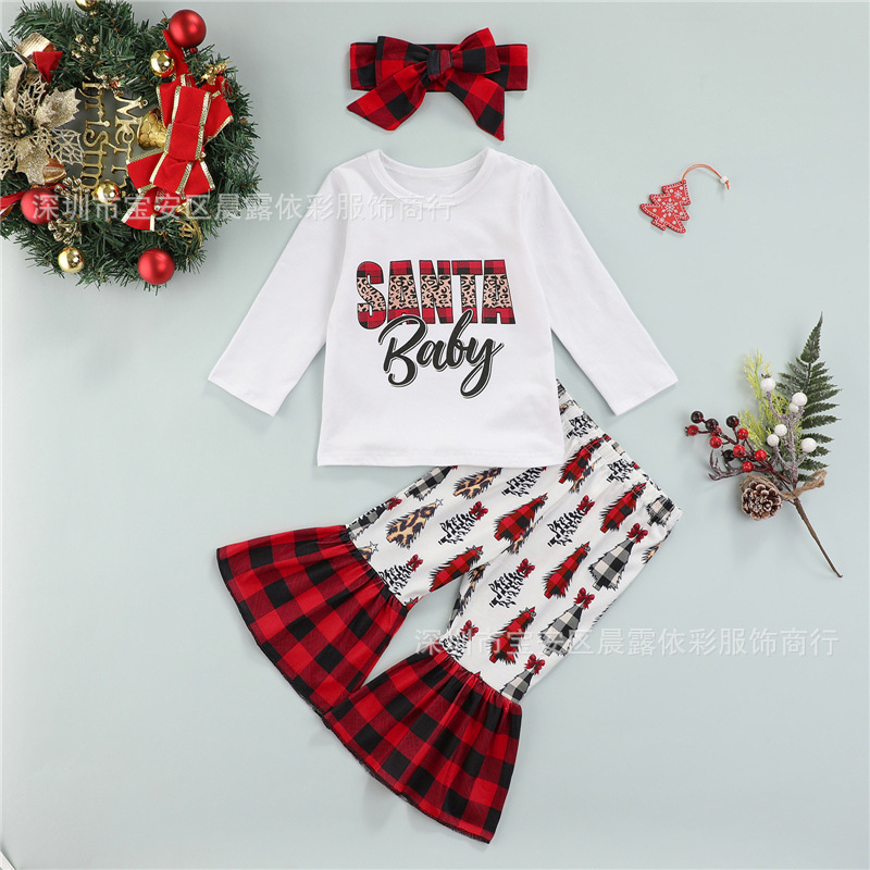 独立站跨境童装圣诞新款女童套装字母T恤圣诞树格子喇叭裤三件套图