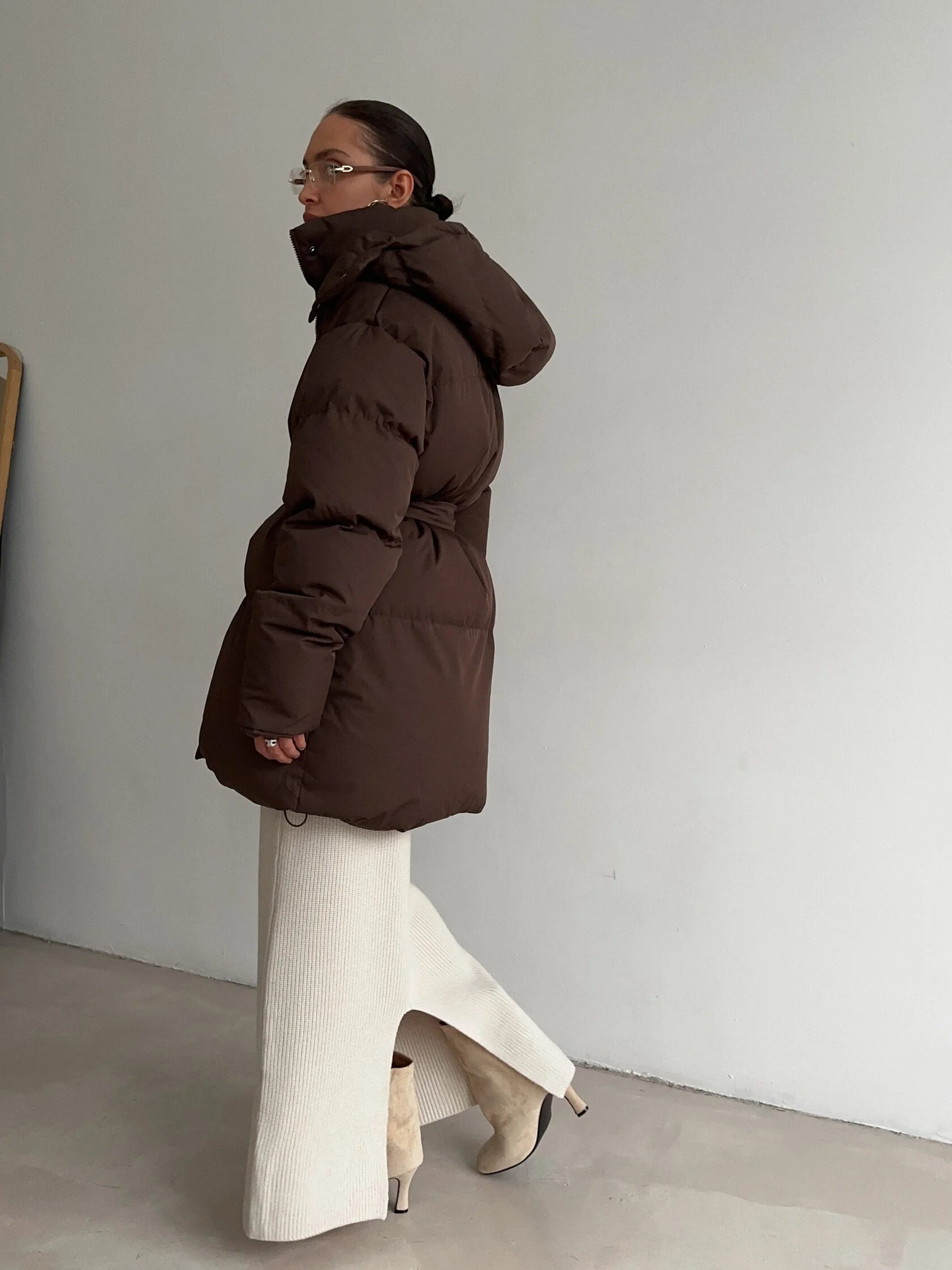 European and American style 2025 casual waist-cinching slimming hooded mid-length bread cotton-padded jacket for women, thickened cotton-padded jacket jacket in brown pic 14