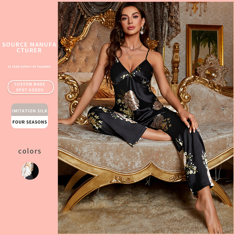 Silk texture women's home wear and pajamas, women's short sleeves and long pants set, home wear for women, loose and comfortable style, fashionable and casual home wear, spring and summer new style, European and American style simple halter set, export for foreign trade Application Scenario