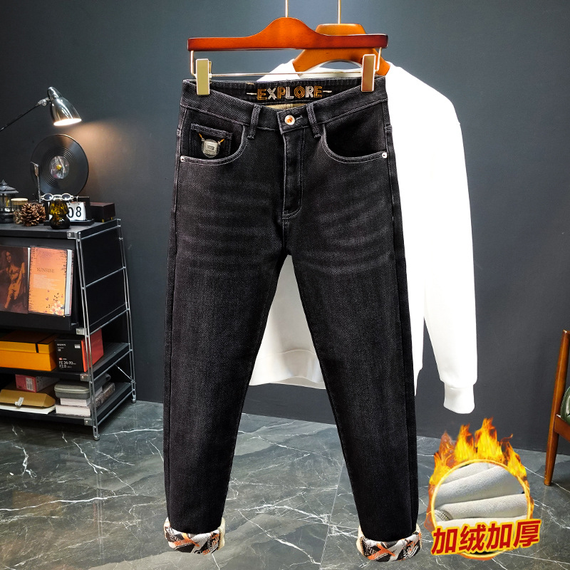 Spring and Autumn fleece and thickened jeans, men's slim-fit straight long pants, blue and black versatile, cool and stylish youth trend brand Item Picture
