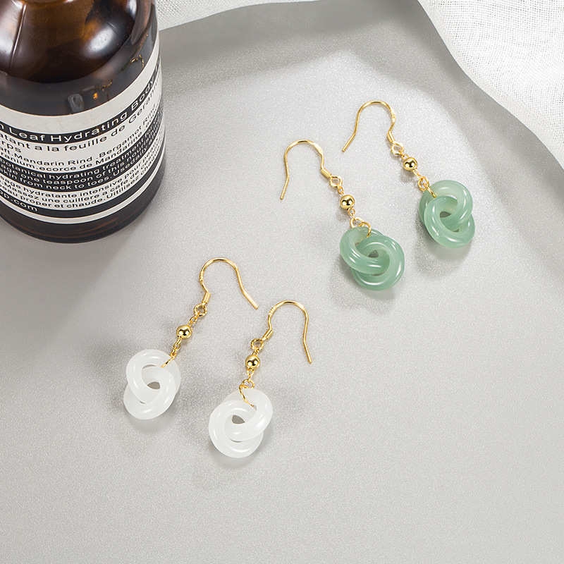 Hetian jade interlocking earrings, classical Chinese style earrings for women, Hetian jade earrings for women, 18k gold