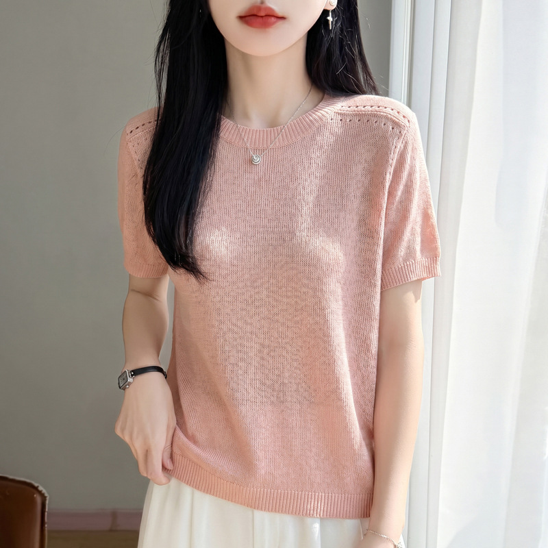Spring/Summer 2026 new Tencel linen one-piece ready-to-wear round-neck knitted sweater short-sleeved solid color hollowed-out T-shirt top Application Scenario