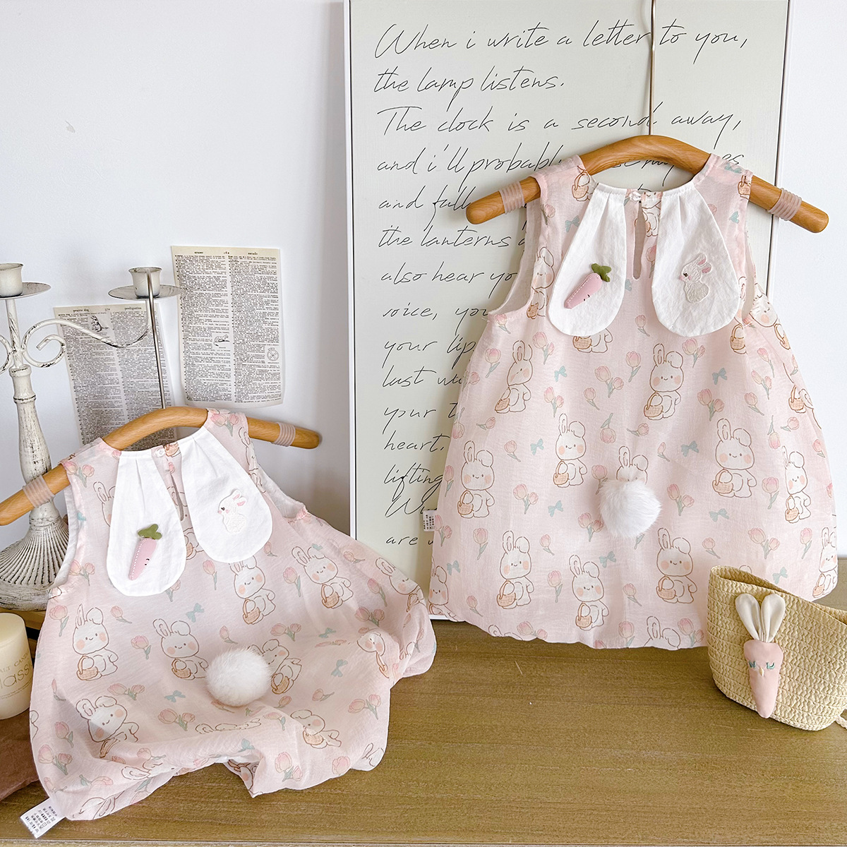 Baby Girl Pink Tulip Bunny Dress Baby Summer Dress Cute Super Cute Rabbit Ears Wrap Fart Coat + Bag