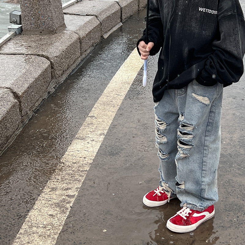 New high street ripped jeans for boys' 2020 autumn collection, straight-leg ins trendy long pants for children, spring and autumn boys' pants Specification image