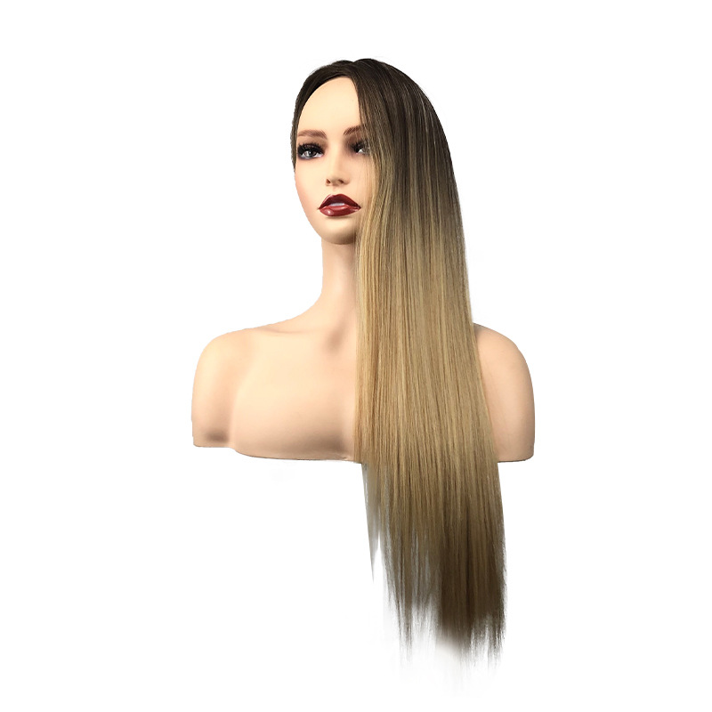 Aliexpress Foreign Trade European and American new blonde blonde matte silk gradient gold long straight hair rose net wig cover Specification image