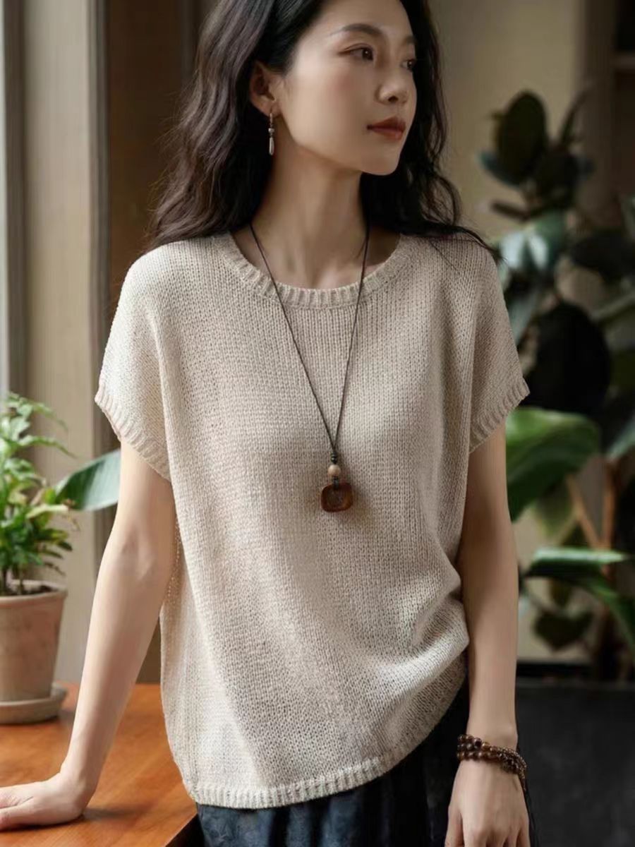 Cool and refreshing Tencel linen summer new knitted short-sleeved T-shirt for women, new round neck loose and breathable thin top for summer pic 1