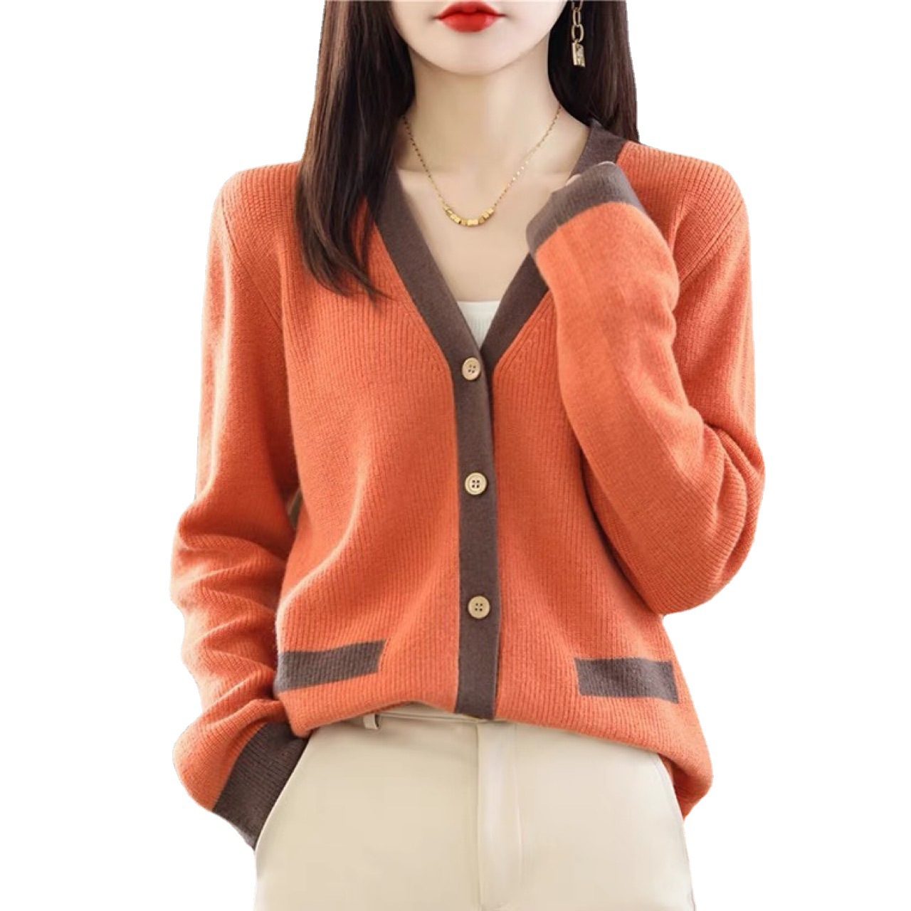2022 Autumn Collection New Korean-style V-neck sweater women's color-blocked fashionable knitted cardigan loose top women's coat Item Picture