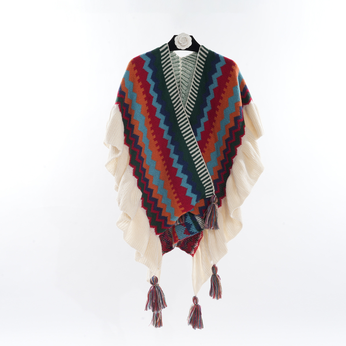 The 2023 autumn/winter new Bohemian ethnic style rainbow striped outerwear shawl fashionable women's cape with black ear trim Item Picture