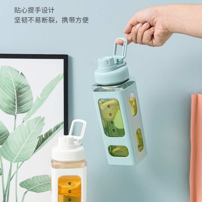 New high-appearure-level macaron-colored square water cup, large-capacity portable hand-held drinking cup, silicone straw water bottle Application Scenario
