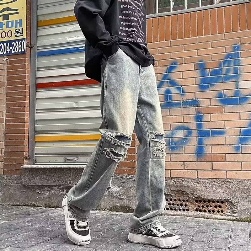 Slightly flared soft jeans for men, spring and summer with holes, stylish washed American retro casual long pants for teenagers and students details Picture