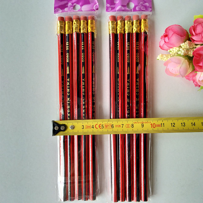 A set of 5 red pencils with erasers, red striped pencils, HB student pencils, wholesale at a one-yuan store Specification image
