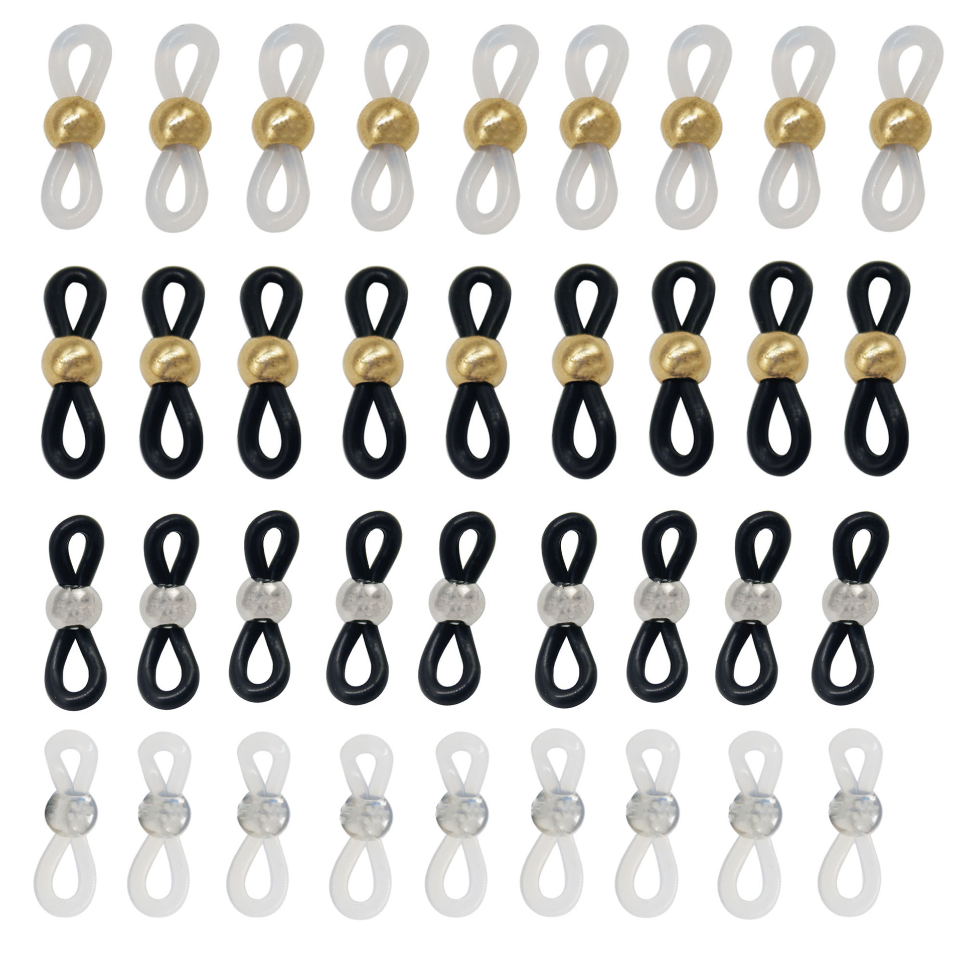diy accessories: black and white round bead stainless steel eyeglass chain, silicone anti-slip buckle, golden bead 20mm figure-eight eyeglass buckle Item Picture
