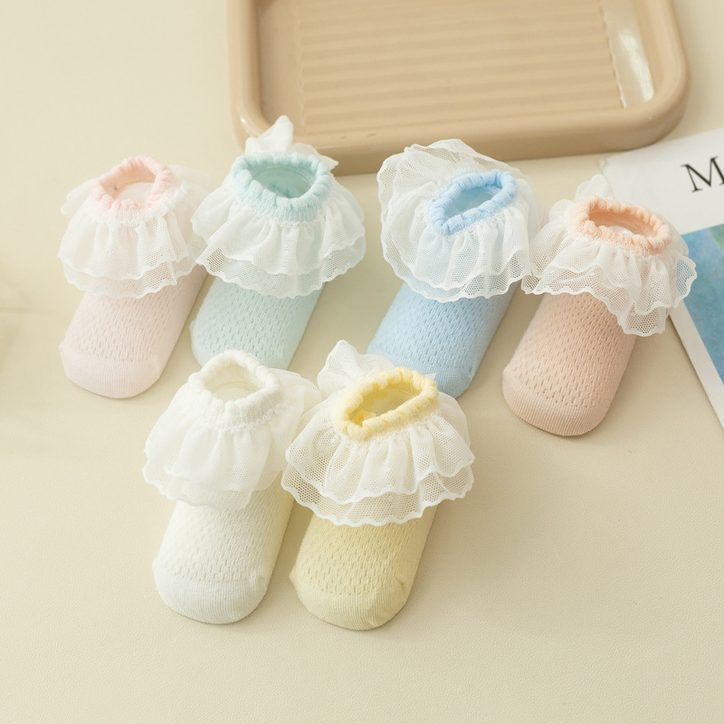 儿童夏季薄款宝宝蕾丝网眼公主袜女童防滑袜盒装精梳棉婴儿袜子