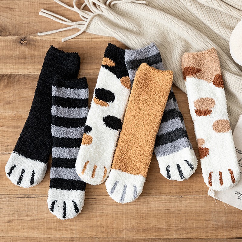秋冬珊瑚绒袜猫爪可爱袜加绒加厚毛巾地板睡眠袜保暖月子袜雪地袜