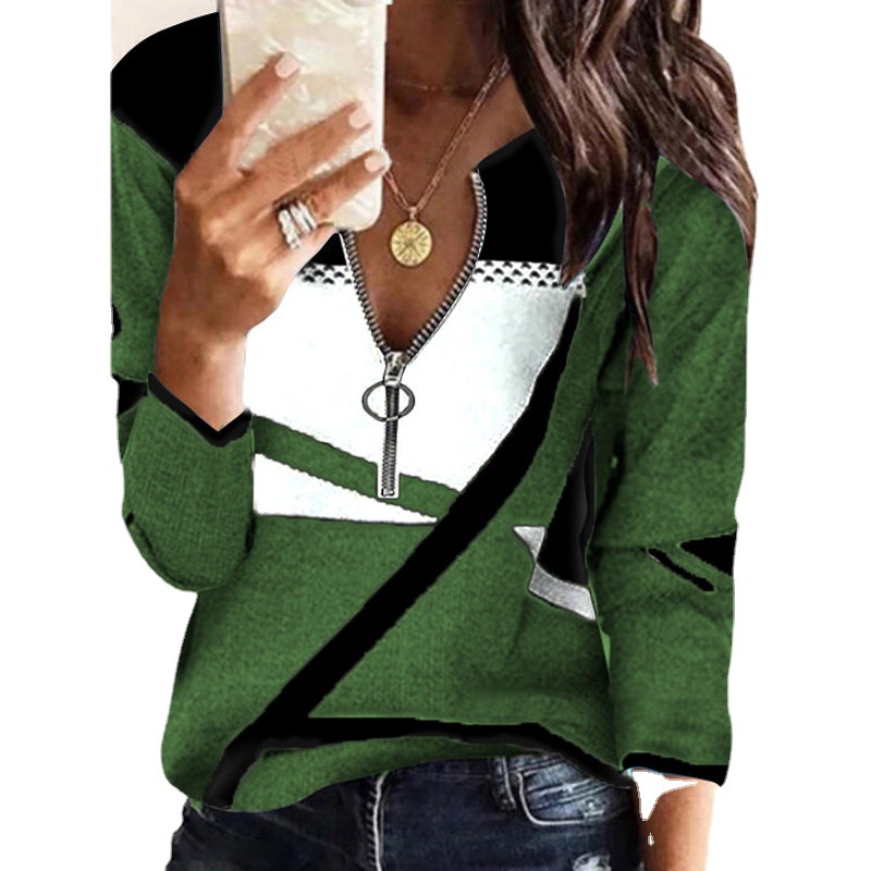 The 2021 Amazon cross-border Women's Clothing Autumn and Winter bestseller in Europe and America: A color-blocked V-neck zipper women's plus-size casual hoodie for women Item Picture