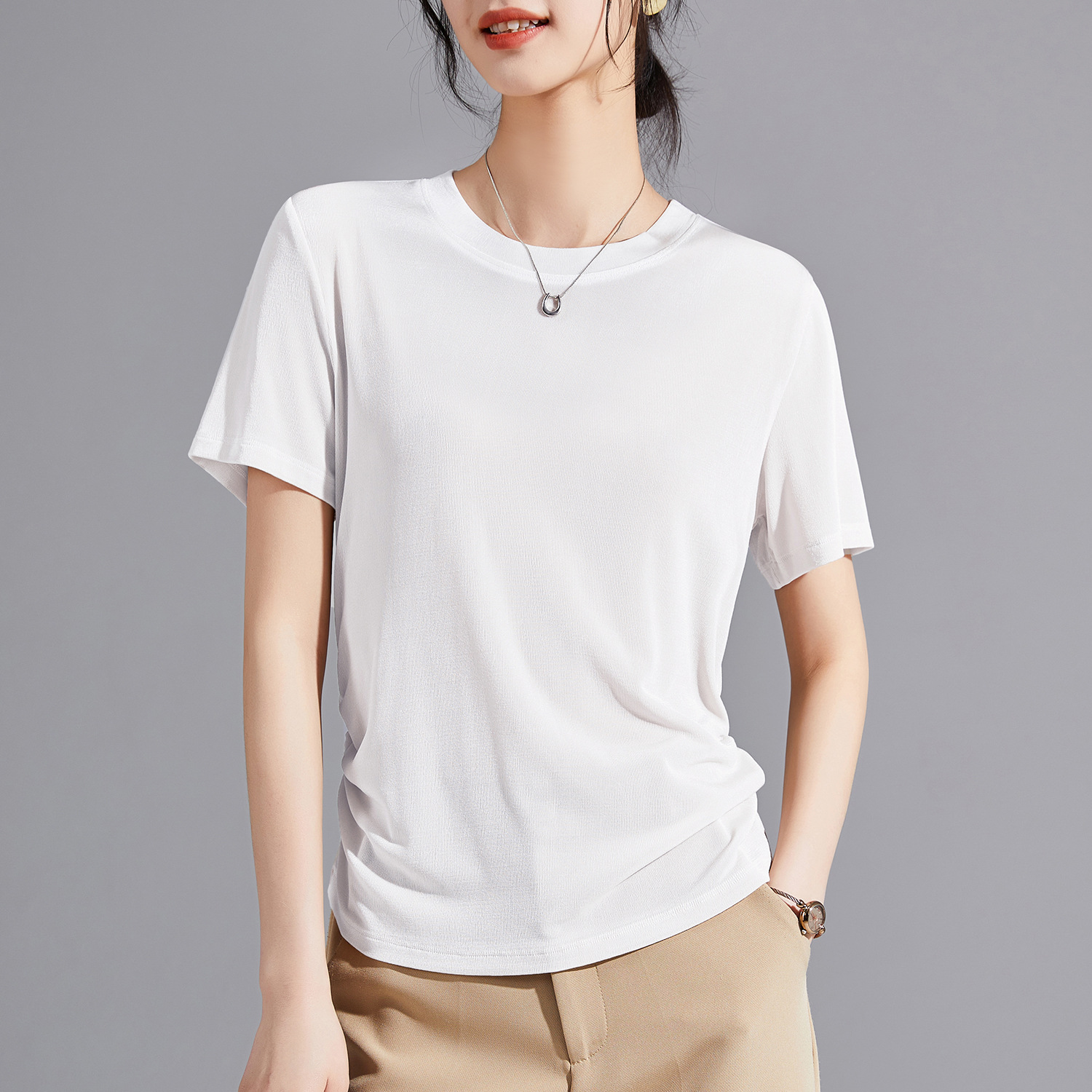 Imported Tencel triacetic acid short-sleeved T-shirt for women 2026 summer, featuring a round-neck design and off-the-shoulder top Application Scenario