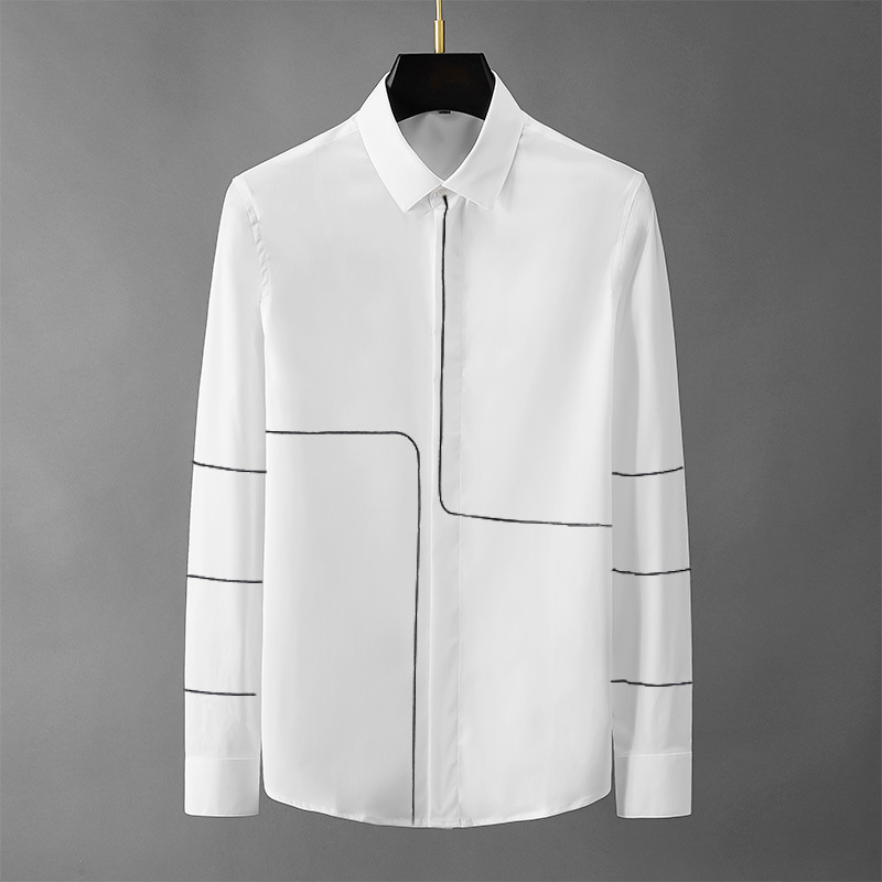 A new European-style simple and elegant solid-color shirt for men's spring and summer, featuring geometric pattern embroidery and a fitted business long-sleeved shirt