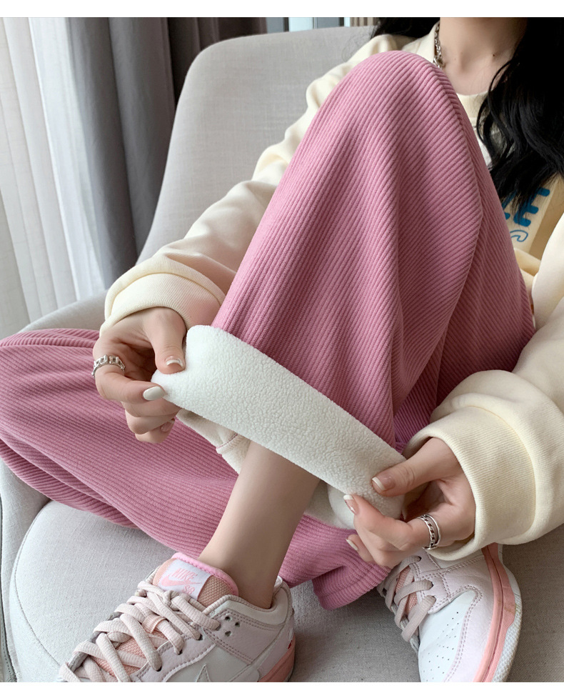 H506加绒阔腿裤女秋冬高腰垂感宽松显瘦灯芯绒直筒拖地白色休闲裤详情22