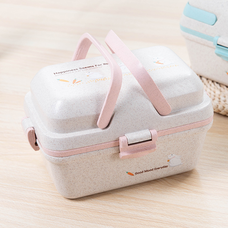 小麦秸秆三层饭盒简约可微波加热学生日式便当盒上班族餐盒带餐具