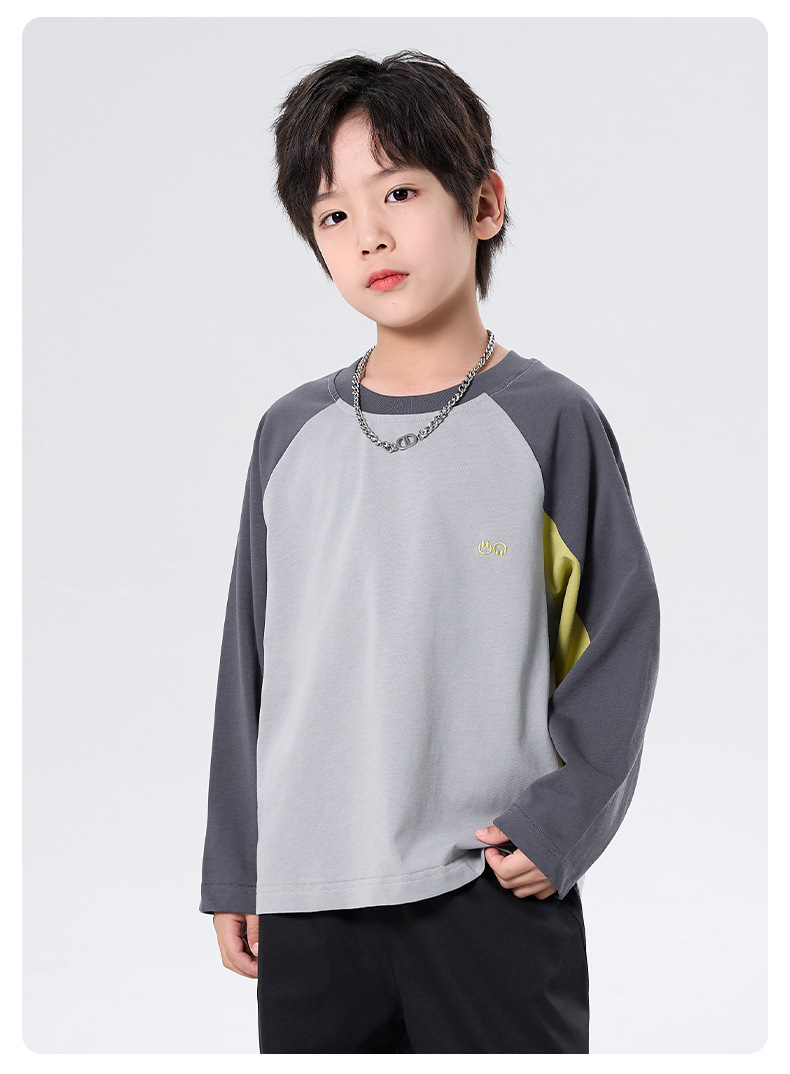 男童纯棉T恤长袖秋装2025新款中大童撞色拼接儿童圆领上衣打底衫详情5