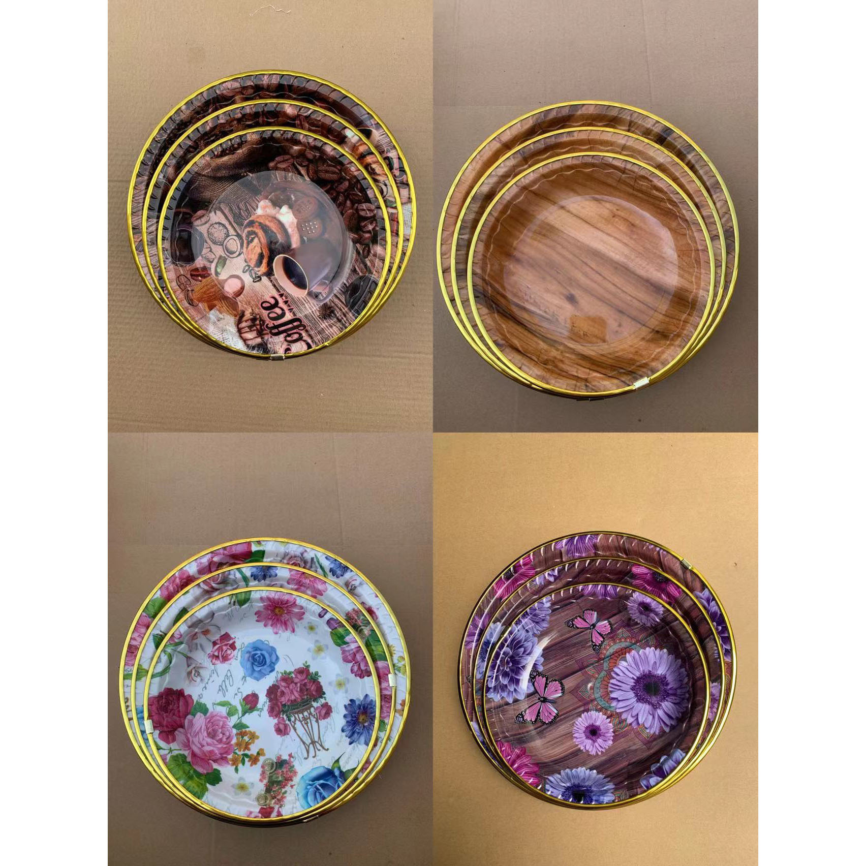 新款多种图案果盘 包金边水果盘批发 圆形花纸盘工厂直销RS-4946