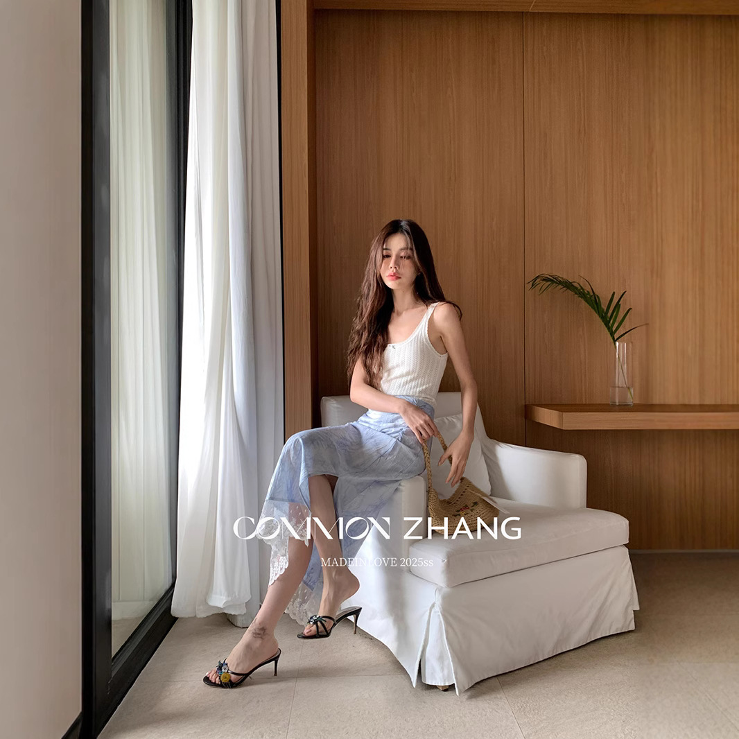 CZ ZHANG Summer French socialite Lace lace Mesh patchwork cotton and Linen split one-step skirt for women A22220 Specification image