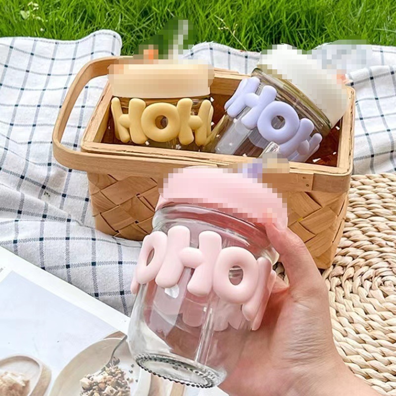 Wholesale of popular glass straw cups, double-drinking cups with cartoon letters, cute water cups and high appearance standards, pearl hand-held cups details Picture